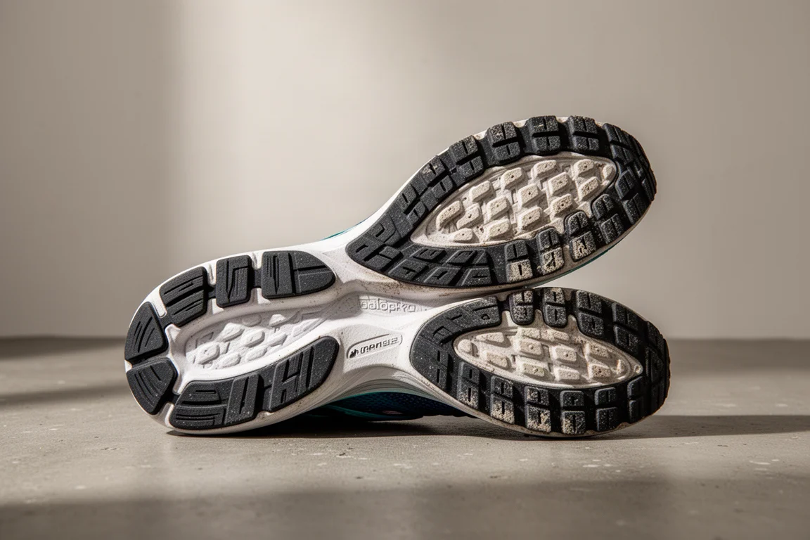 Worn road running shoe outsole showing durable rubber coverage