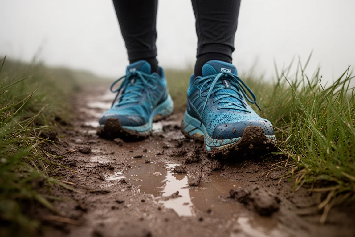 Pies de un corredor de trail en un sendero de montaña embarrado con luz suave