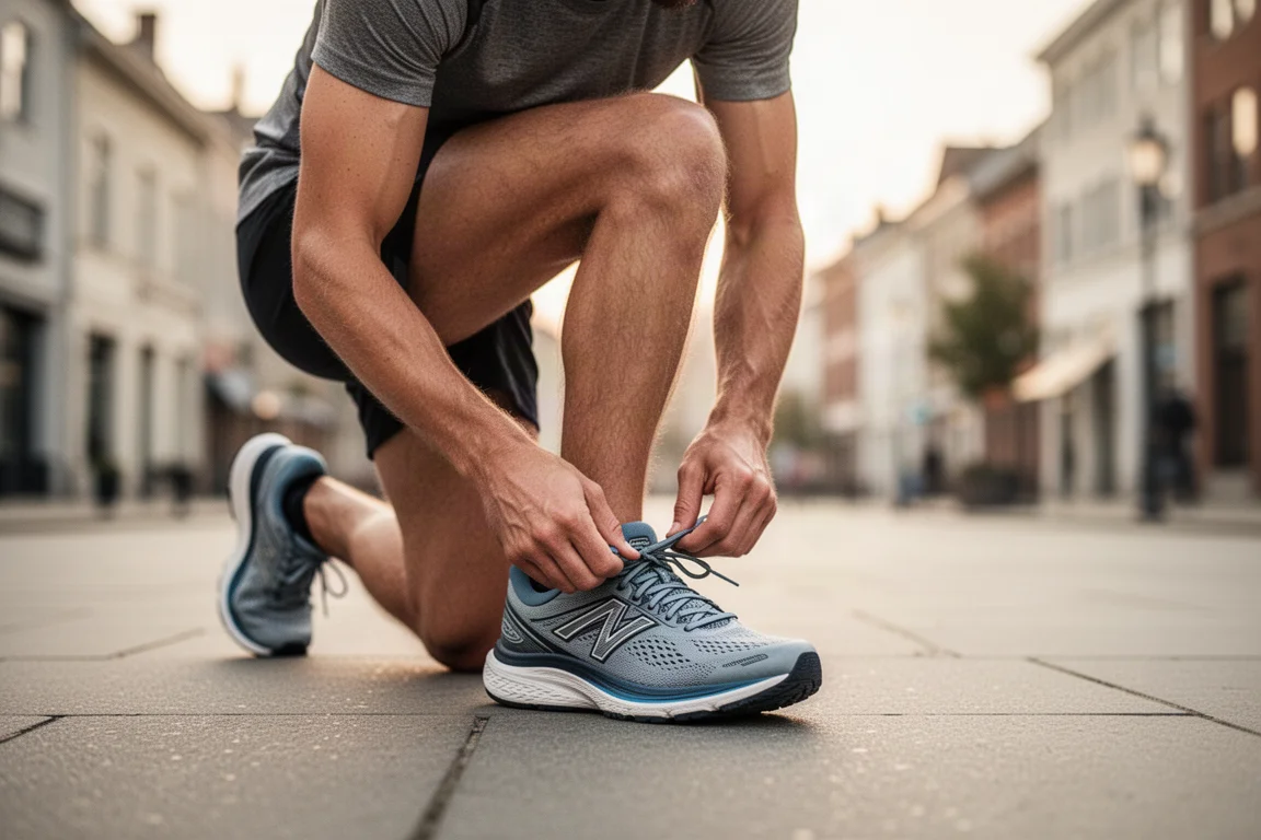 Runner lacing up a cushioned everyday trainer on a city pavement