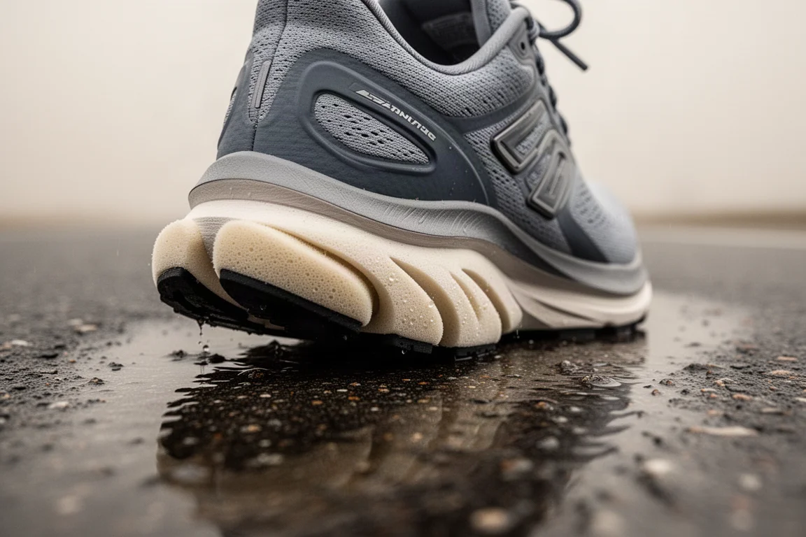 Close-up of a thick cushioned midsole compressing on wet pavement