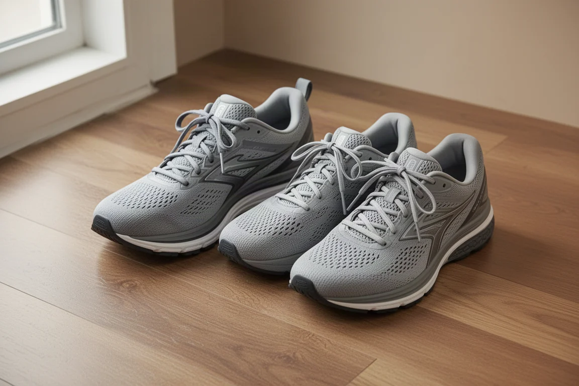 Two running shoes side by side on a wooden floor for comparison