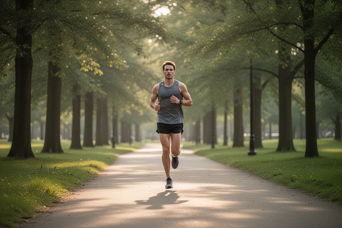 Runner cruising an easy pace along a park path in soft light