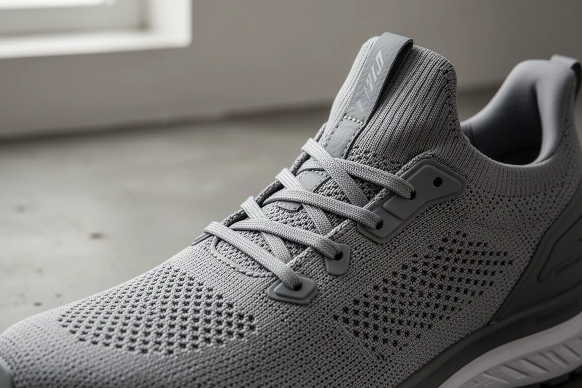 Close-up of a stretchy knit running shoe upper showing lacing and gusseted tongue