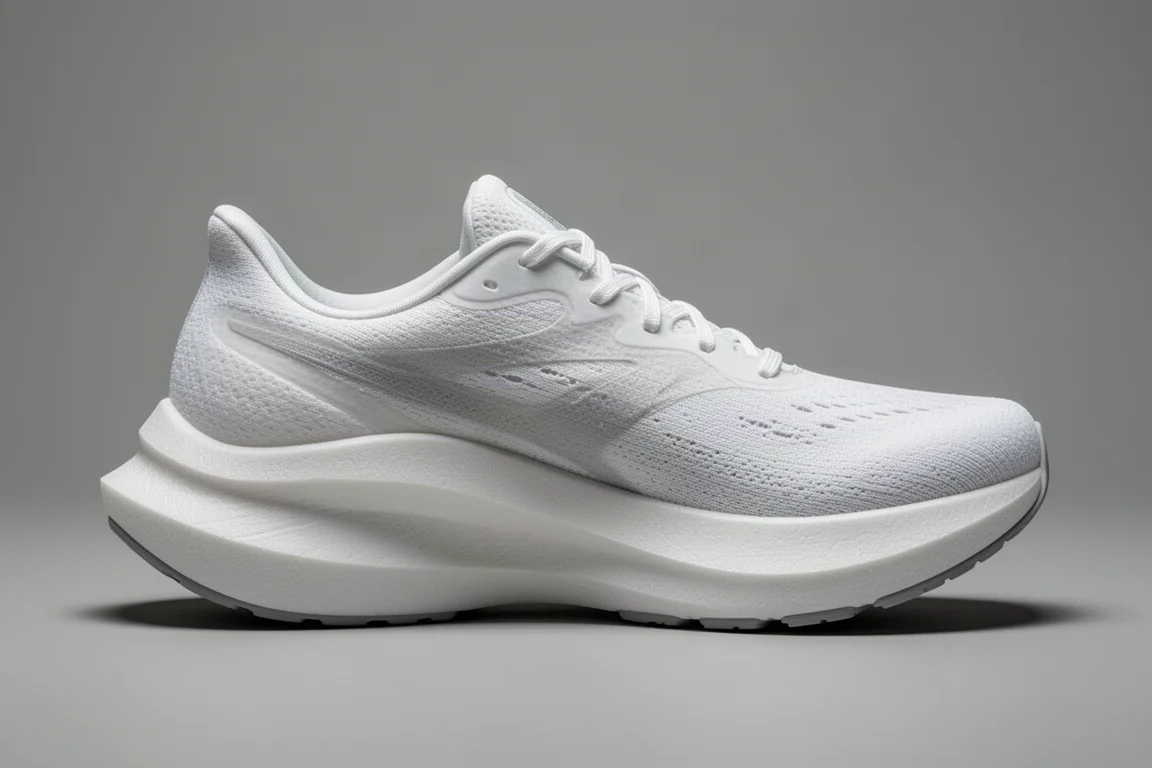 Side view of a thick white foam running shoe midsole on a neutral surface