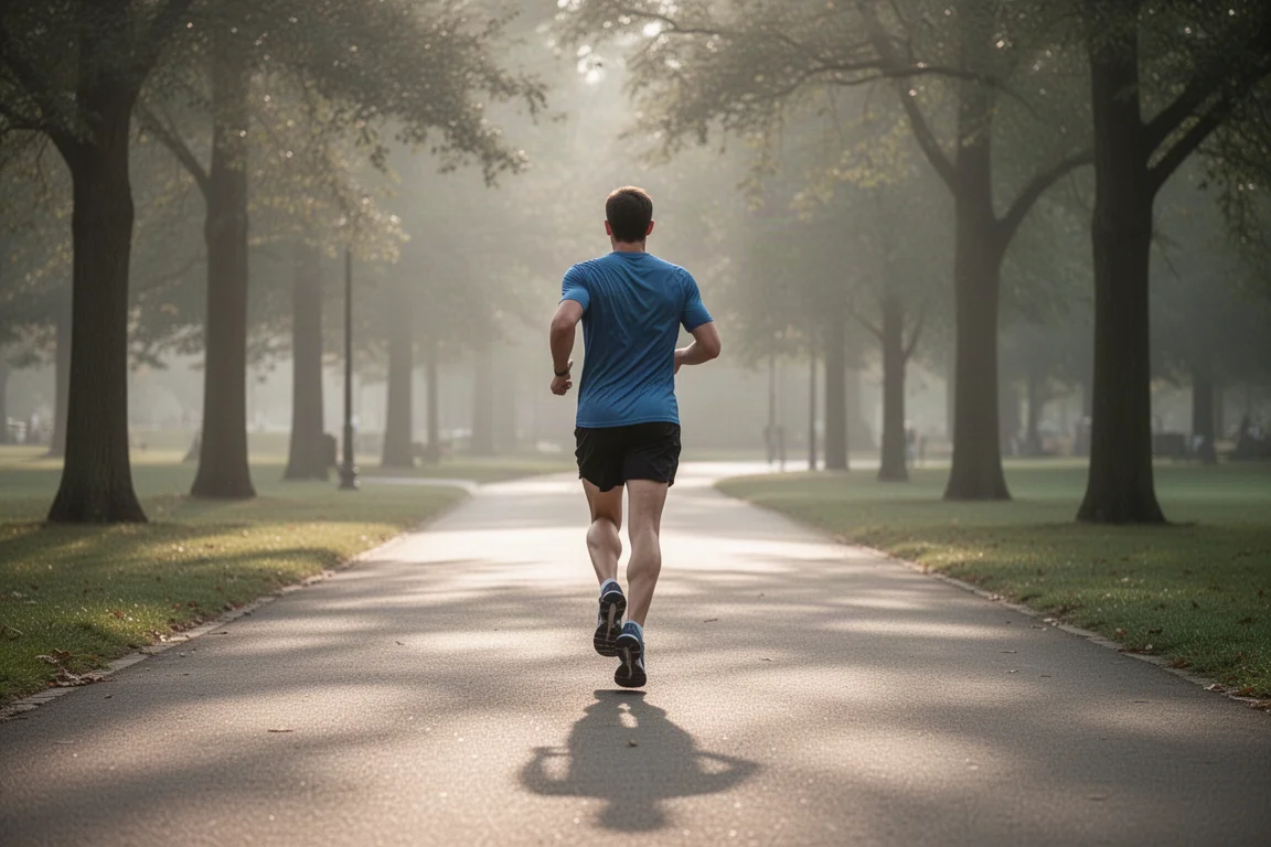 Runner jogging at an easy pace on a quiet paved path in soft morning light