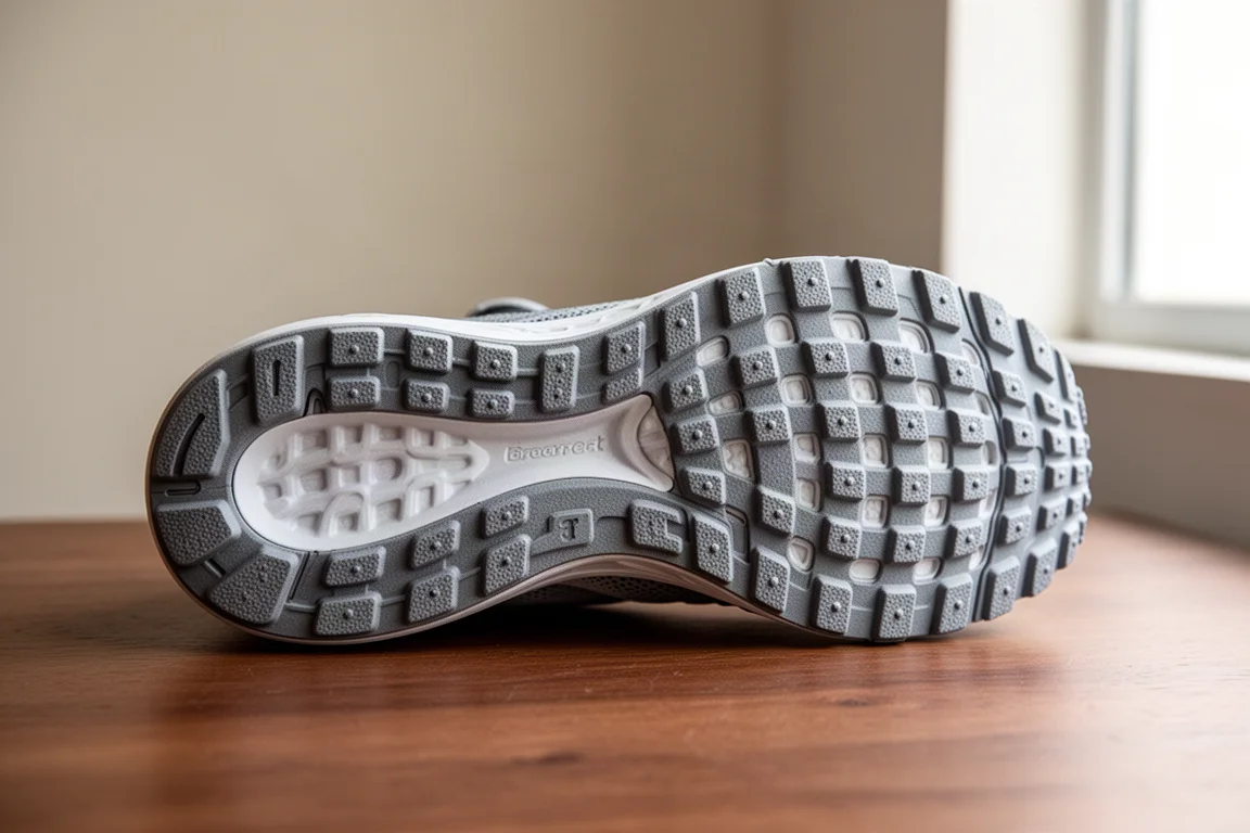 Detailed view of a waffle-pattern rubber outsole on a running shoe