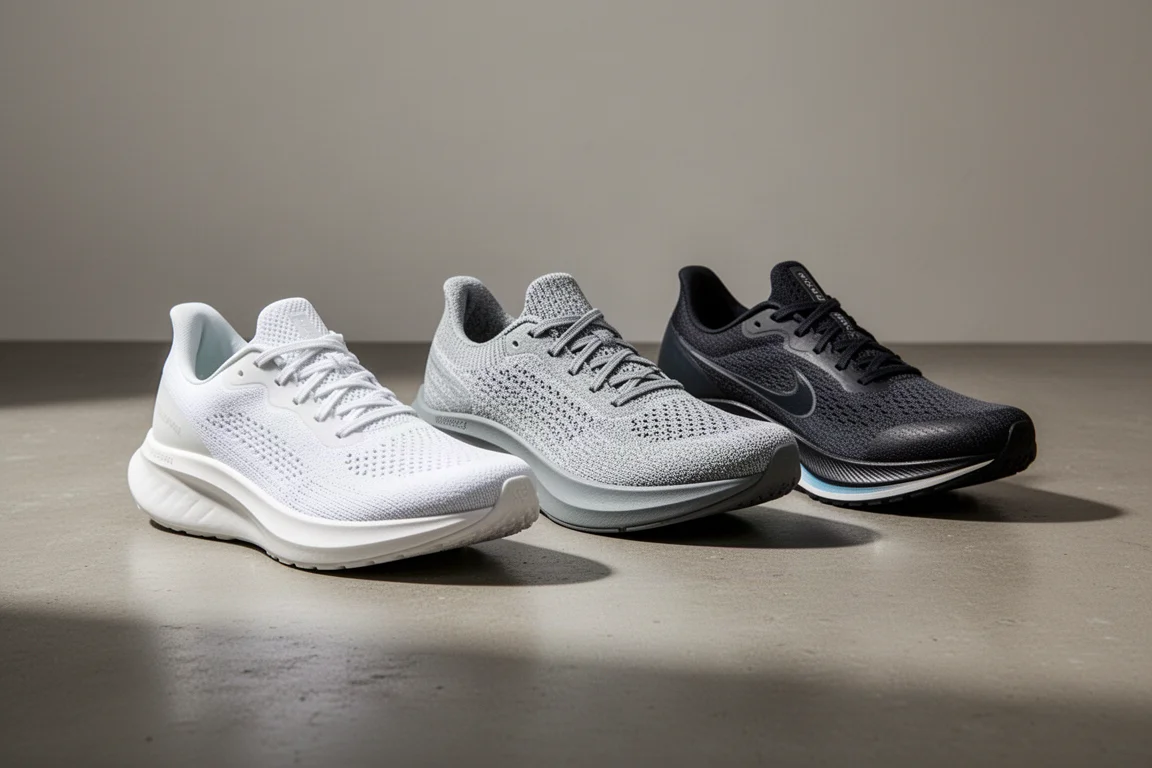 Drie hardloopschoenen in wit, grijs en antraciet op een betonnen ondergrond