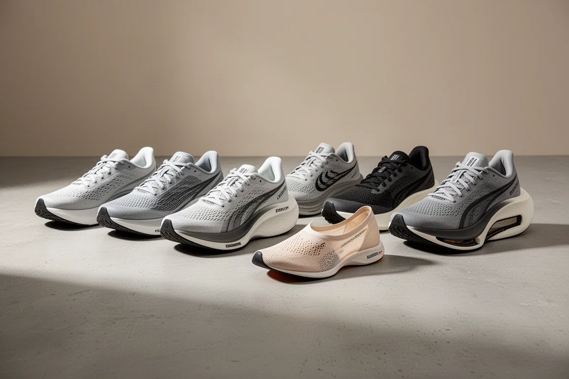 Eight Nike running shoes of different silhouettes lined up on a grey concrete surface