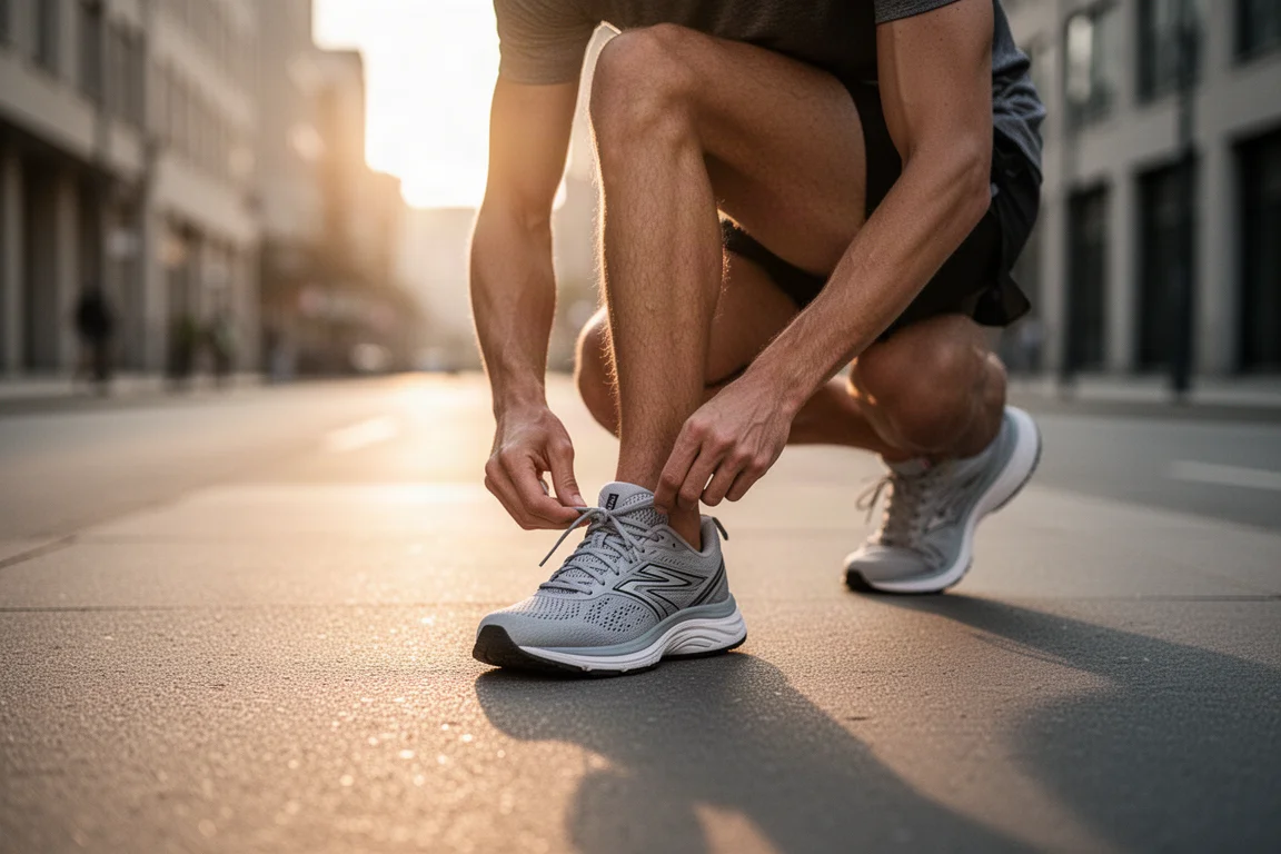Runner lacing up a cushioned daily trainer on a quiet city street at sunrise