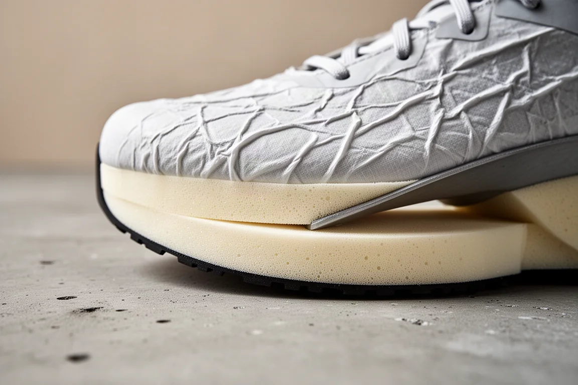 Racing shoe midsole detail showing layered foam and plate on a neutral surface