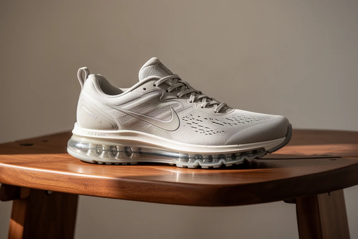 Premium running shoe with visible air unit resting on a brushed wooden bench