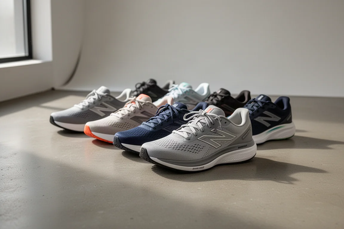 コンクリートのスタジオの床に並べられたNikeランニングシューズのラインナップ