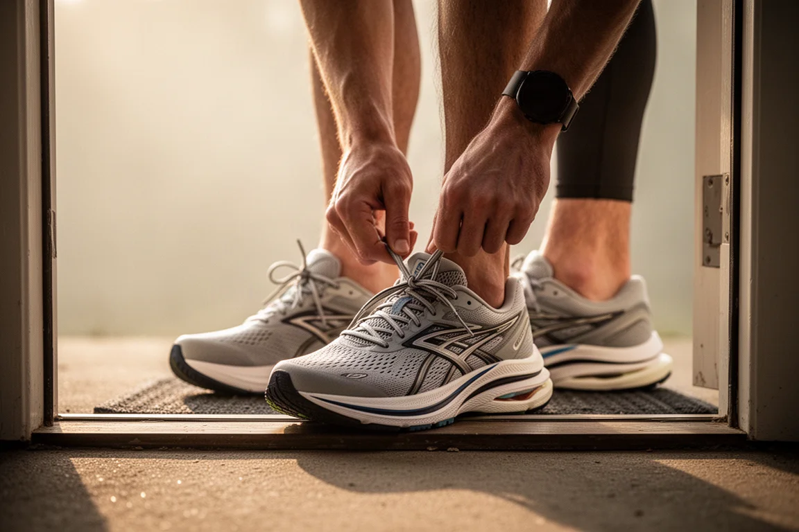 走行前に最新のランニングシューズを結んでいるランナー