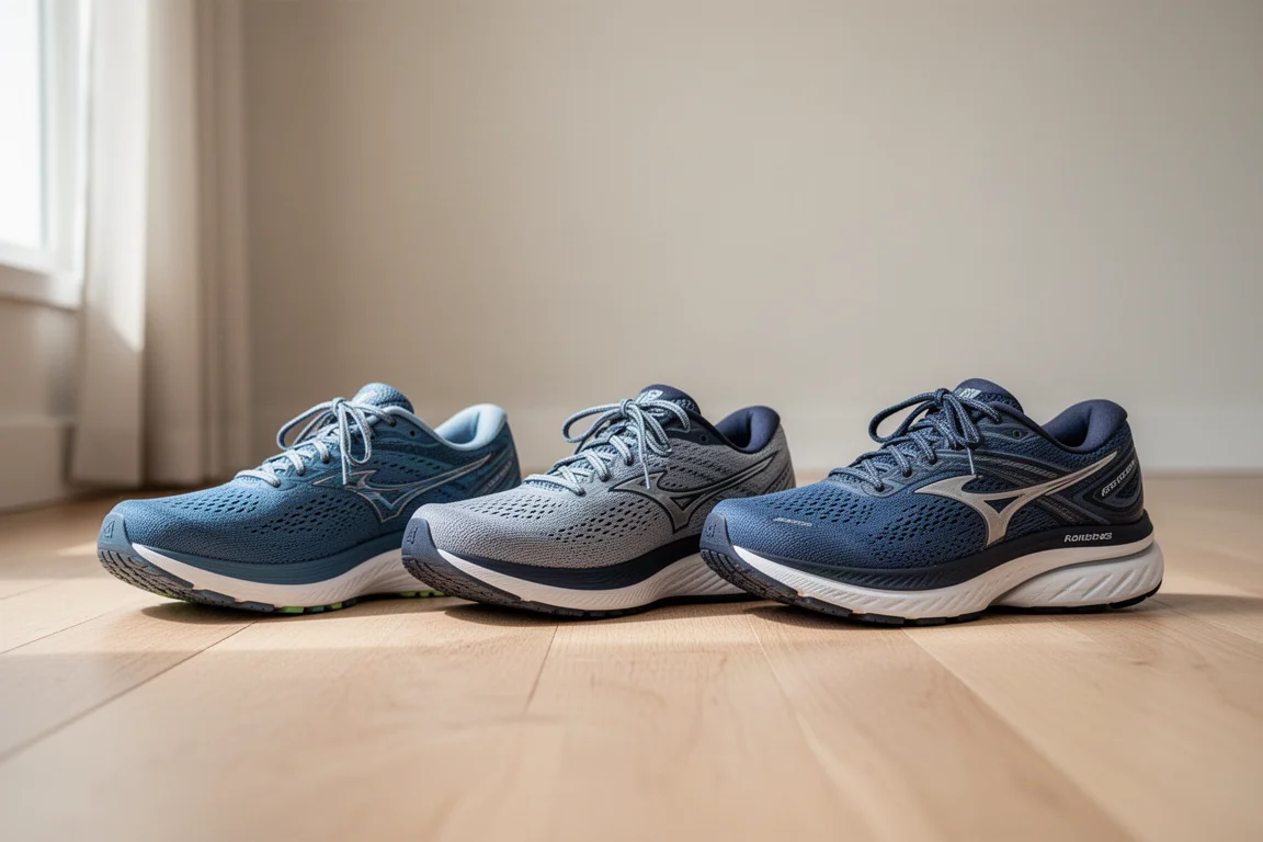 木の床に3足のランニングシューズが横並びで置かれている