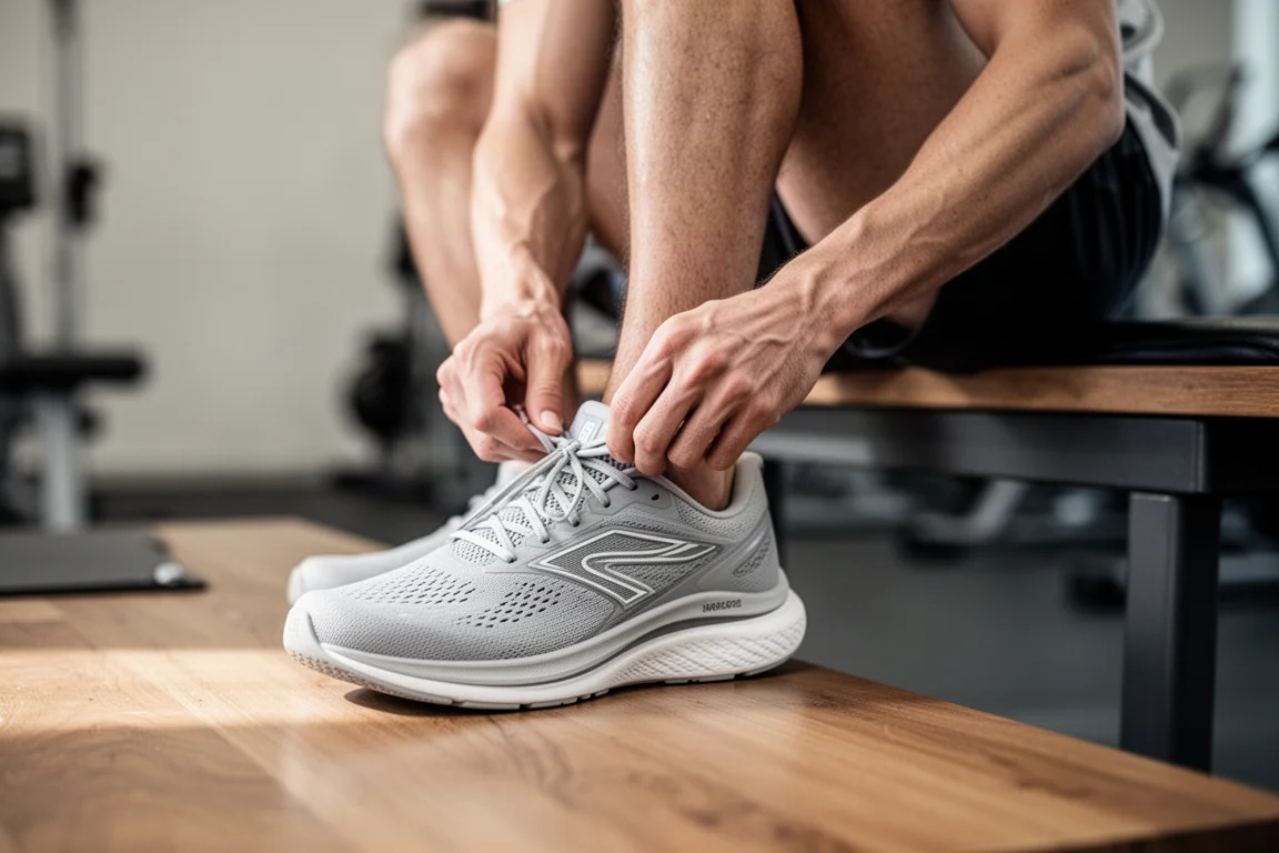 Un corredor se ata los cordones de unas zapatillas de entrenamiento diarias en interior