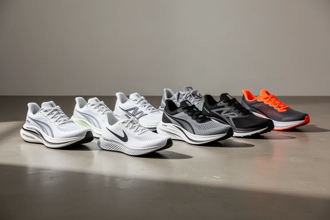 9足のNikeランニングシューズがコンクリートのスタジオの床に並べられている様子