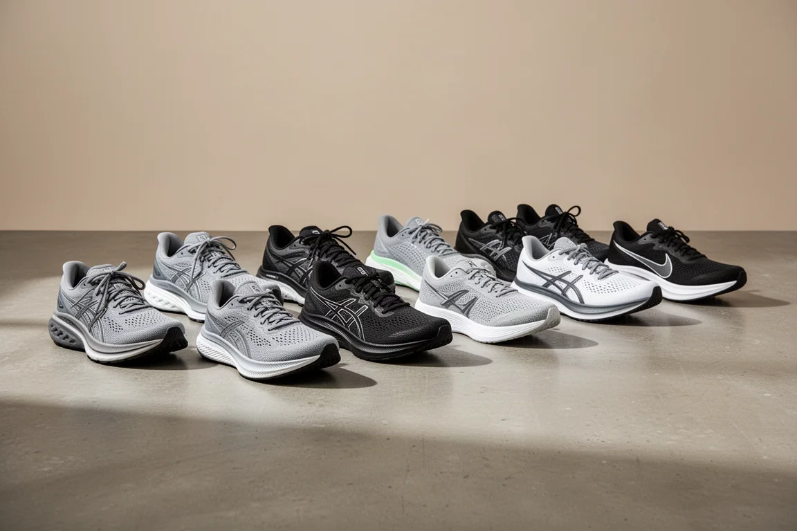 Jedenaście butów do biegania Nike o różnych sylwetkach ustawionych w rzędzie na betonie