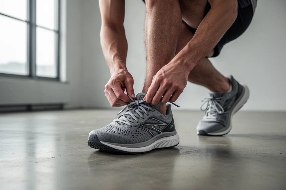 Hardloper strikt een paar moderne hardloopschoenen op een betonnen vloer