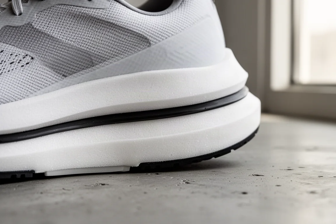 Zbliżenie midsole buta wyścigowego pokazujące piankę i sztywność płytki