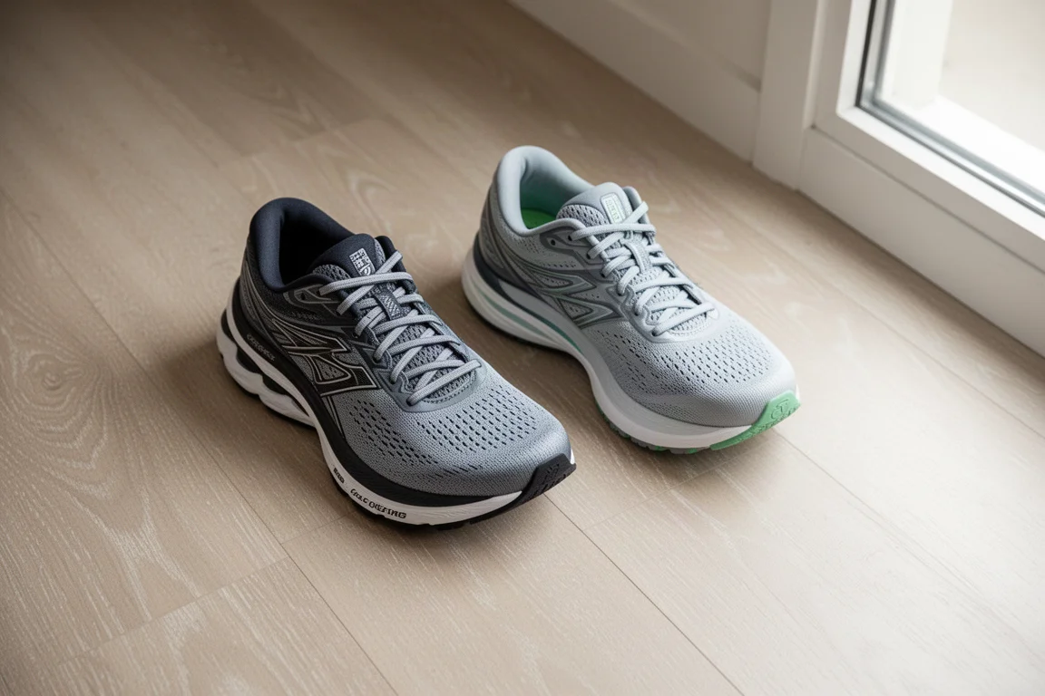 Dos zapatillas de running lado a lado sobre un suelo de madera para comparar el peso
