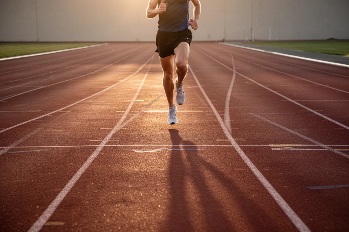 Corredor haciendo series de velocidad en una pista de atletismo a la hora dorada