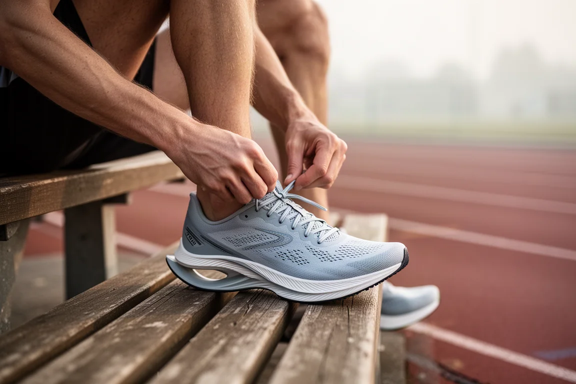 Läufer schnürt einen flachen, karbonplattierten Rennschuh vor einem Tempotraining