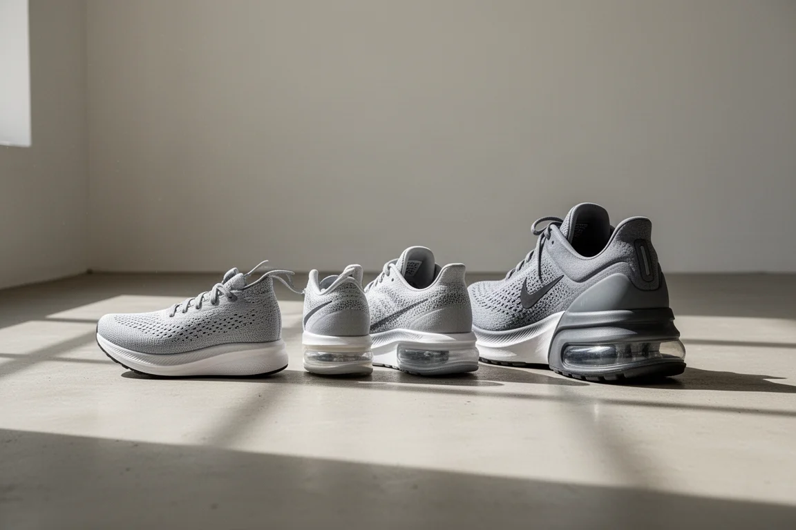 Direkter Seitenvergleich dreier Laufschuhe mit unterschiedlichen Fersen-Stapelhöhen