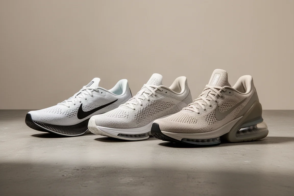 Three carbon-plated race shoes of different stack heights side by side on concrete