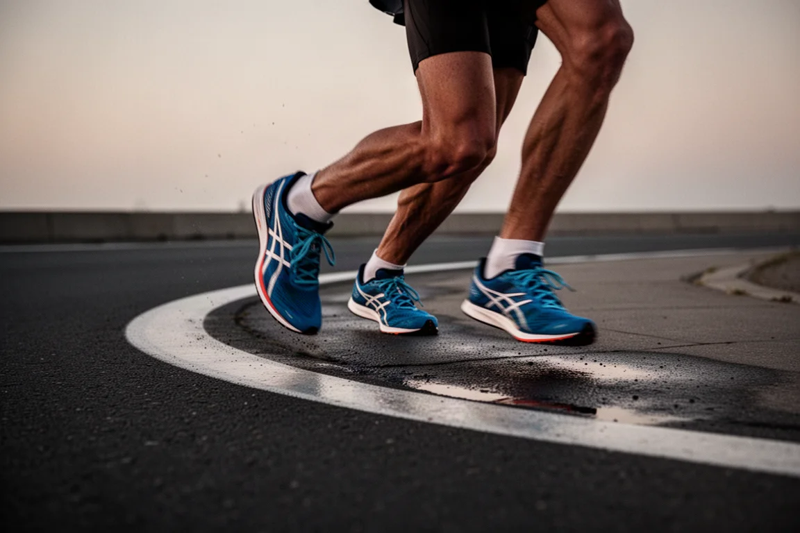 Zapatillas de competición tomando curvas a velocidad en un giro cerrado de asfalto