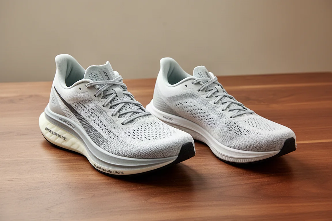 Dos zapatillas de competición lado a lado para comparación sobre una superficie neutra