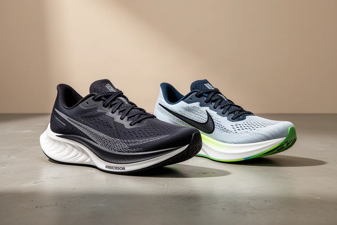 Two lightweight racing shoes side by side on a concrete surface