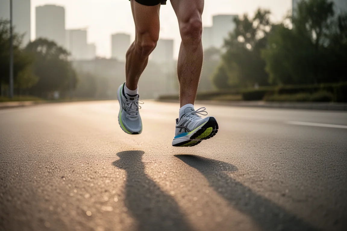 Runner picking up pace on an open road at dawn in lightweight racing shoes