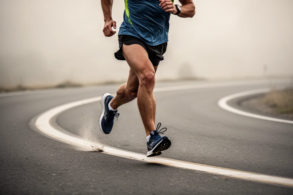 Close-up of a runner mid-stride cornering on a road curve