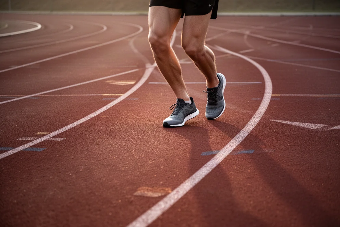Athlete warming up on a red running track in racing shoes