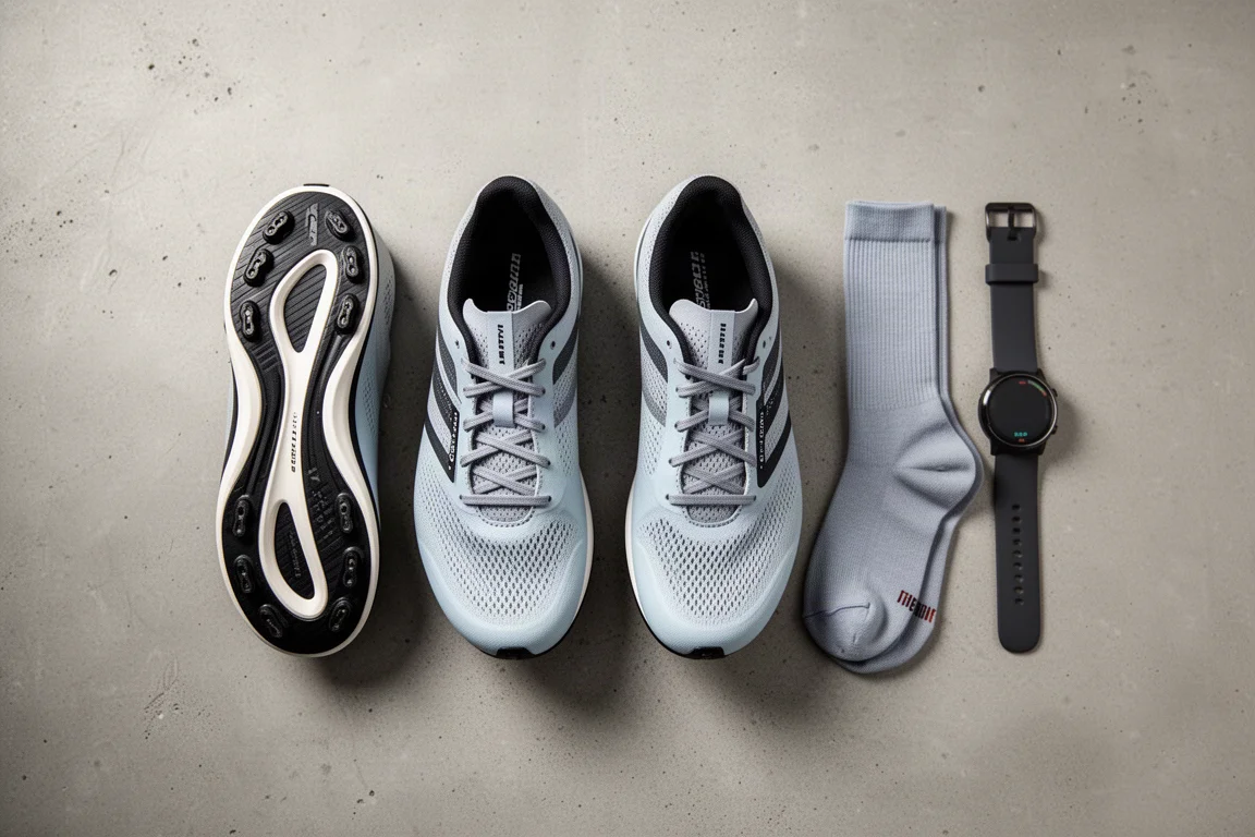 Two racing shoes side by side on concrete for a direct comparison