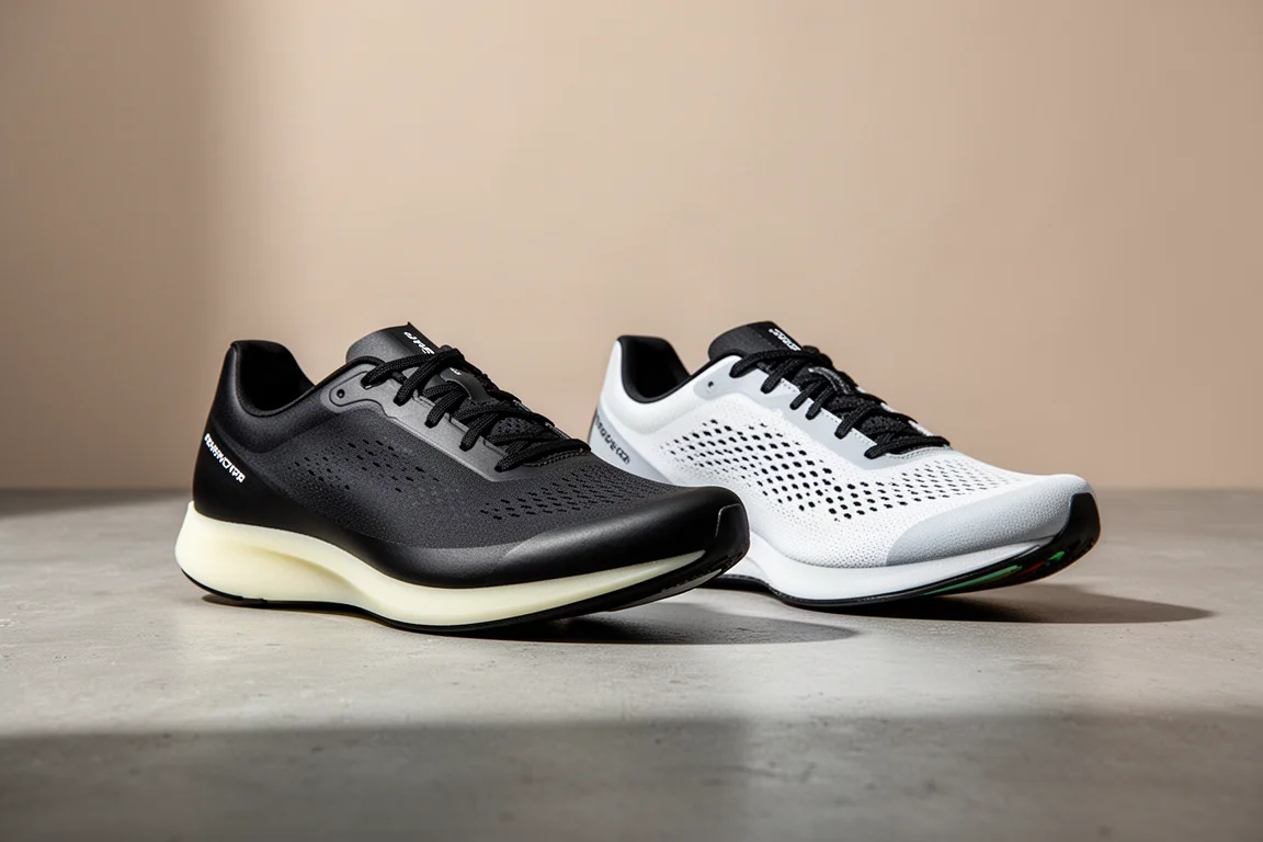 Two lightweight road racing shoes side by side on a concrete surface
