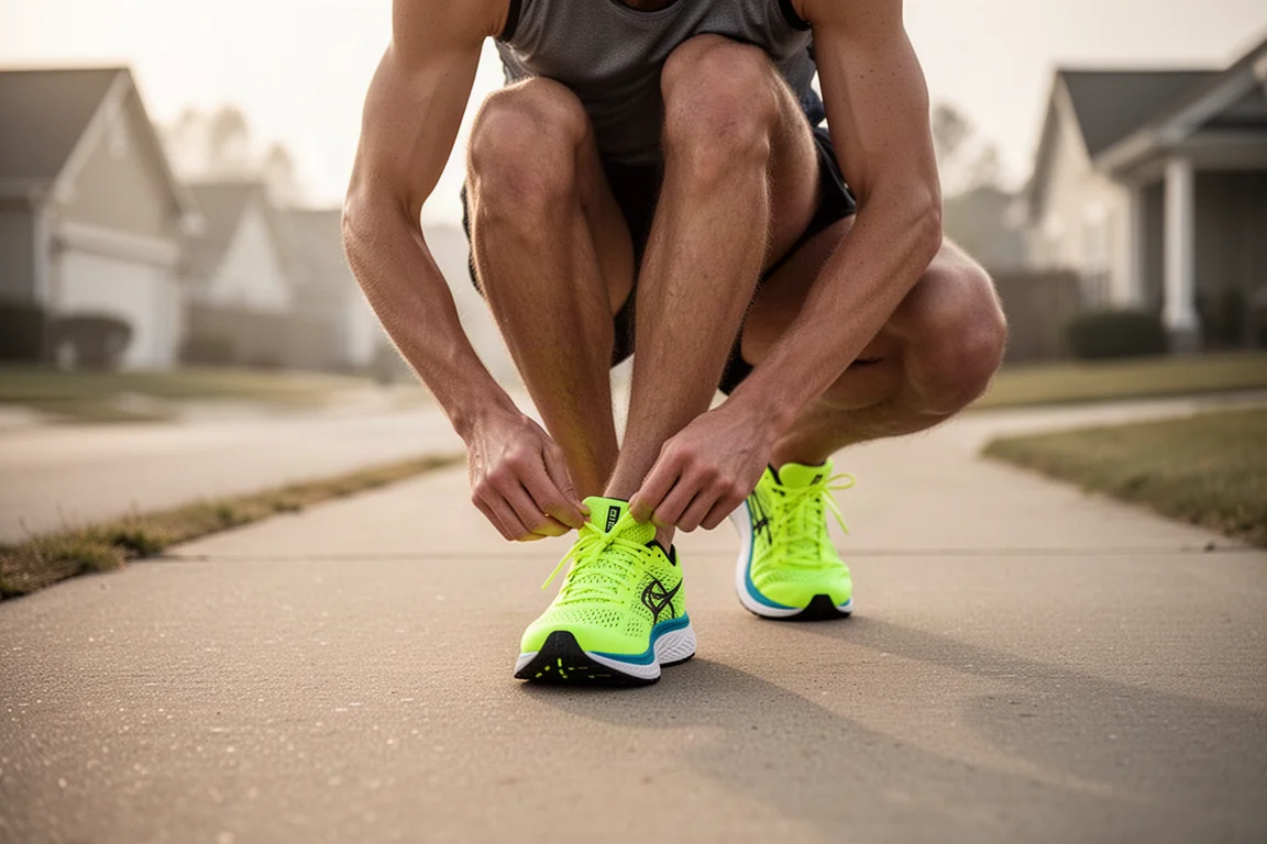 Runner lacing up a lightweight road running shoe on a suburban pavement in morning light