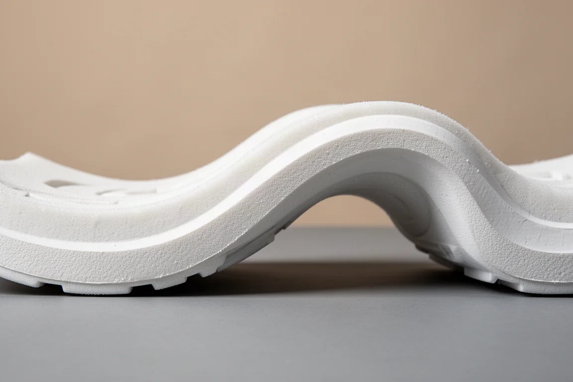 Close-up of a running shoe midsole and flexible forefoot on a grey studio surface