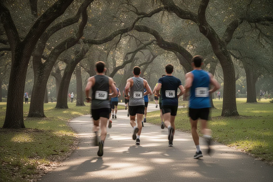 Runners racing on a twisty parkrun-style course through a park