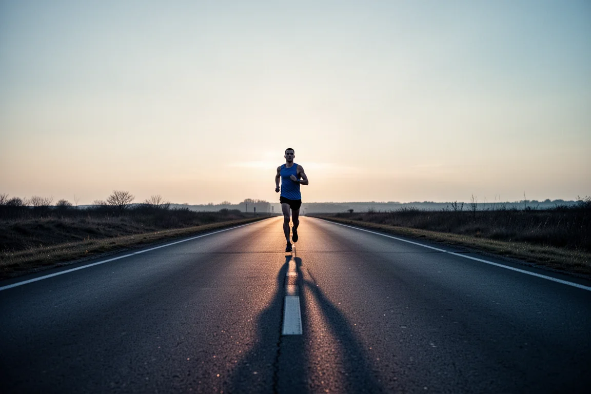 Runner finishing a tempo session on an empty road at dusk
