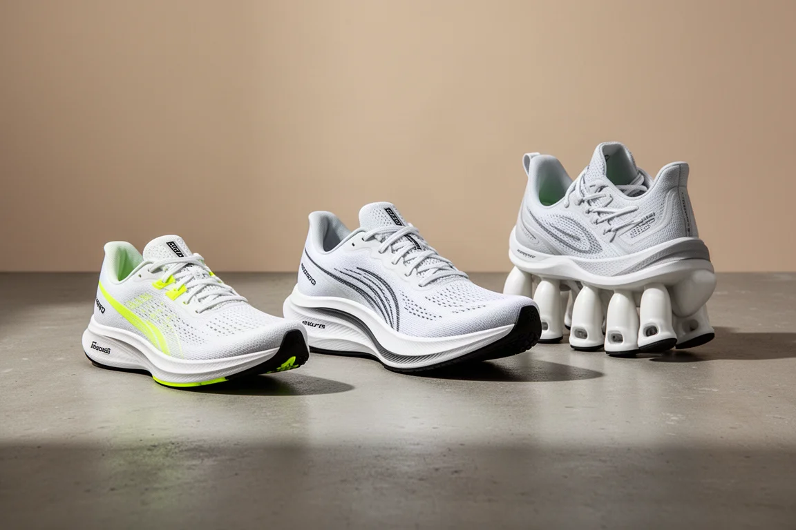 Three Nike racing shoes arranged in a row on a concrete surface