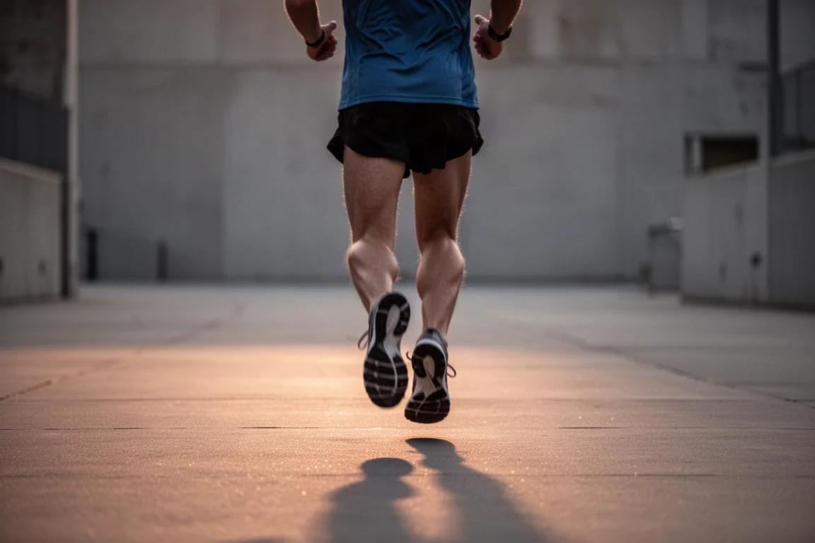 Löpare som joggar i avslappnat tempo på jämn asfalt i skymningen