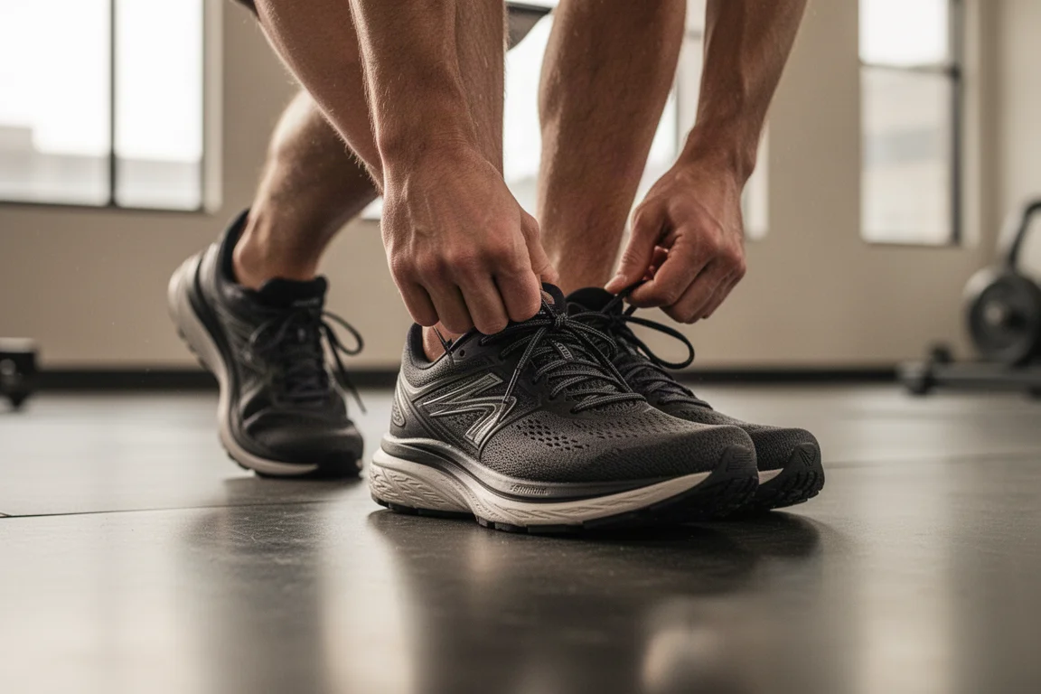 Runner lacing up cushioned stability running shoes on a gym floor