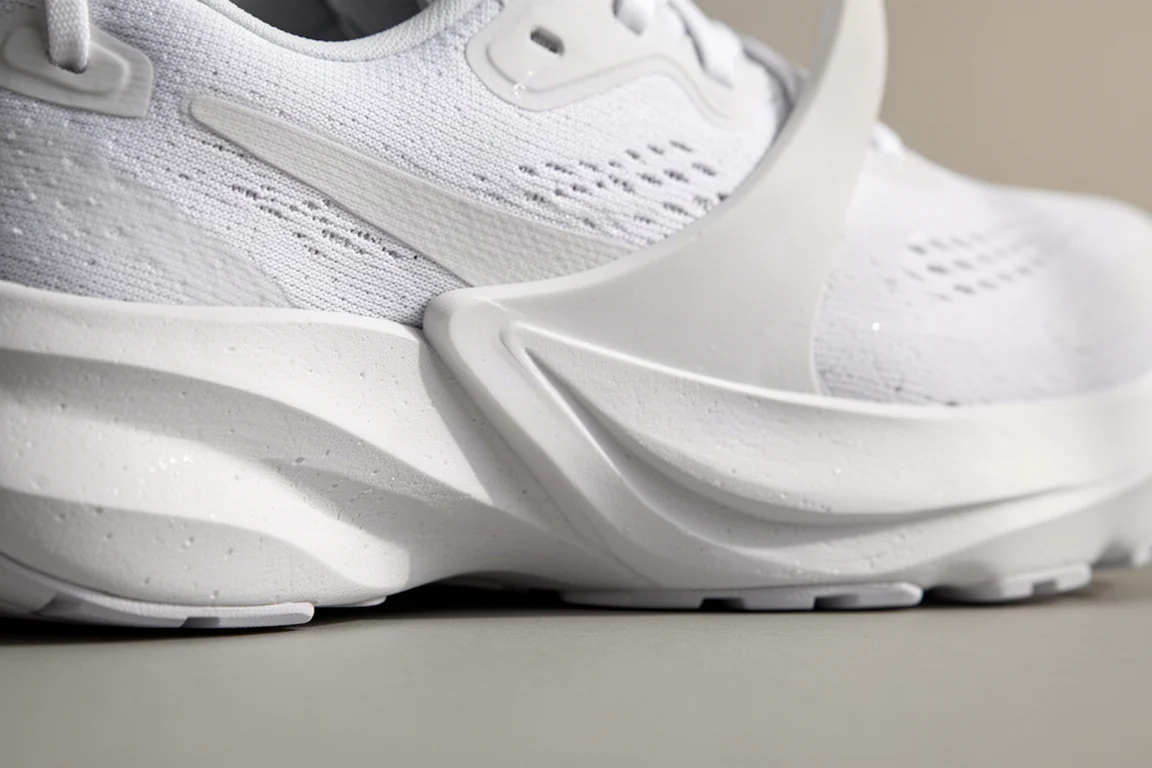 Close-up of a running shoe midsole showing foam and sidewall structure