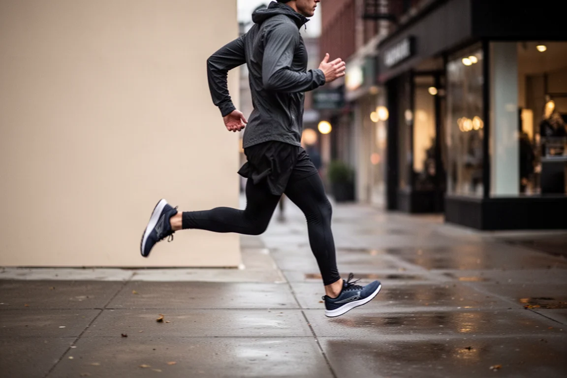 Runner striding along a wet city sidewalk at dusk
