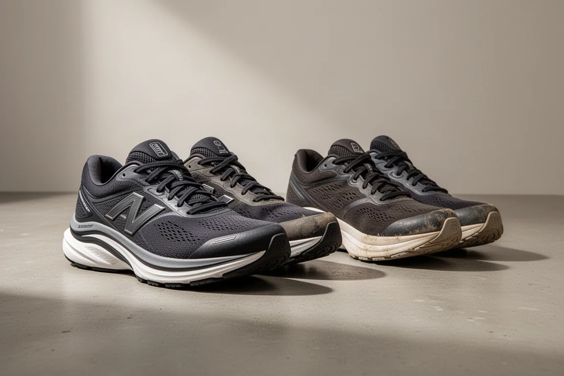 Nike Structure 25 and Structure 26 running shoes side by side on concrete