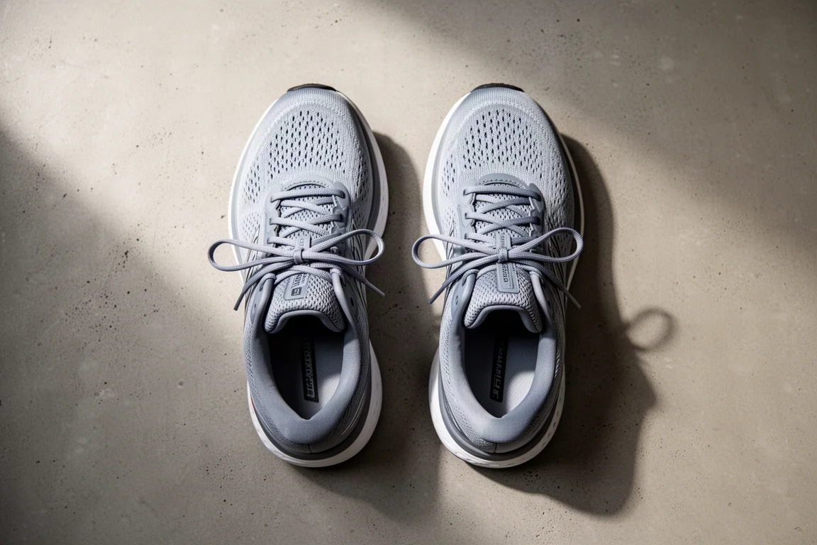 Zwei Laufschuhe nebeneinander auf einer betonierten Fläche bei weichem Licht