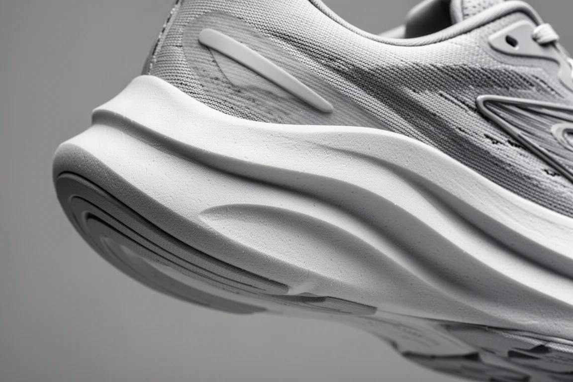 Close-up of a cushioned midsole showing a sculpted rocker profile