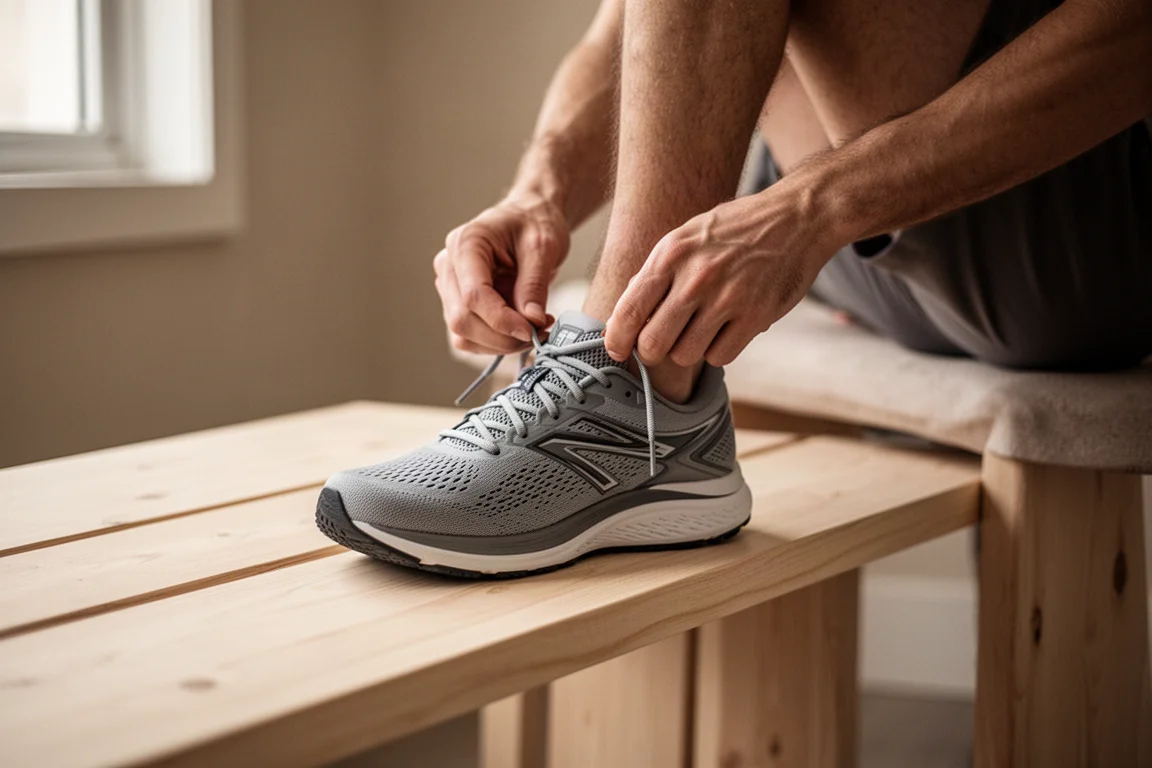 Hands lacing a running shoe on a wooden bench
