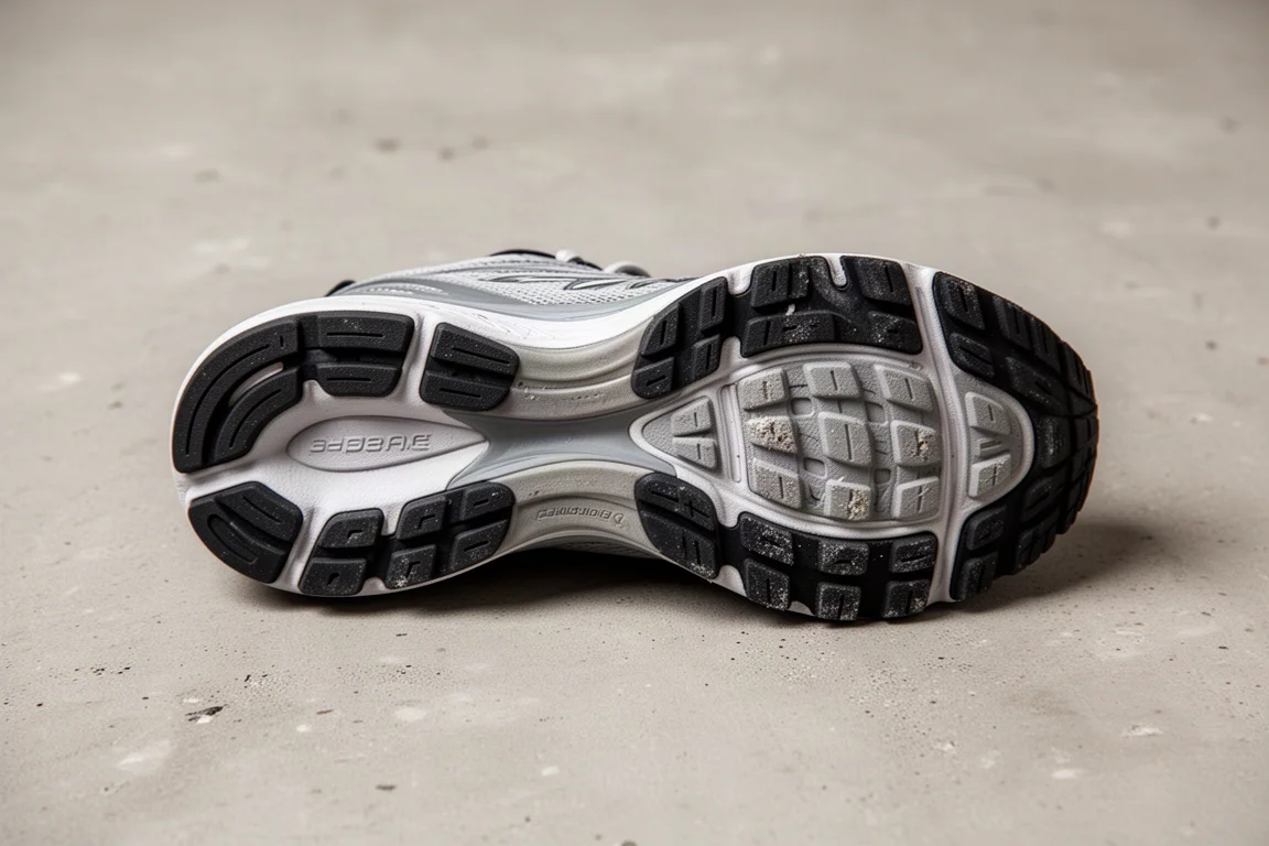 Outsole of a running shoe resting on concrete showing minimal wear